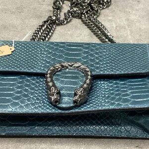 Italian-Made Teal Leather Handbag, Genuine Leather, Horseshoe Clasp, Chain Strap